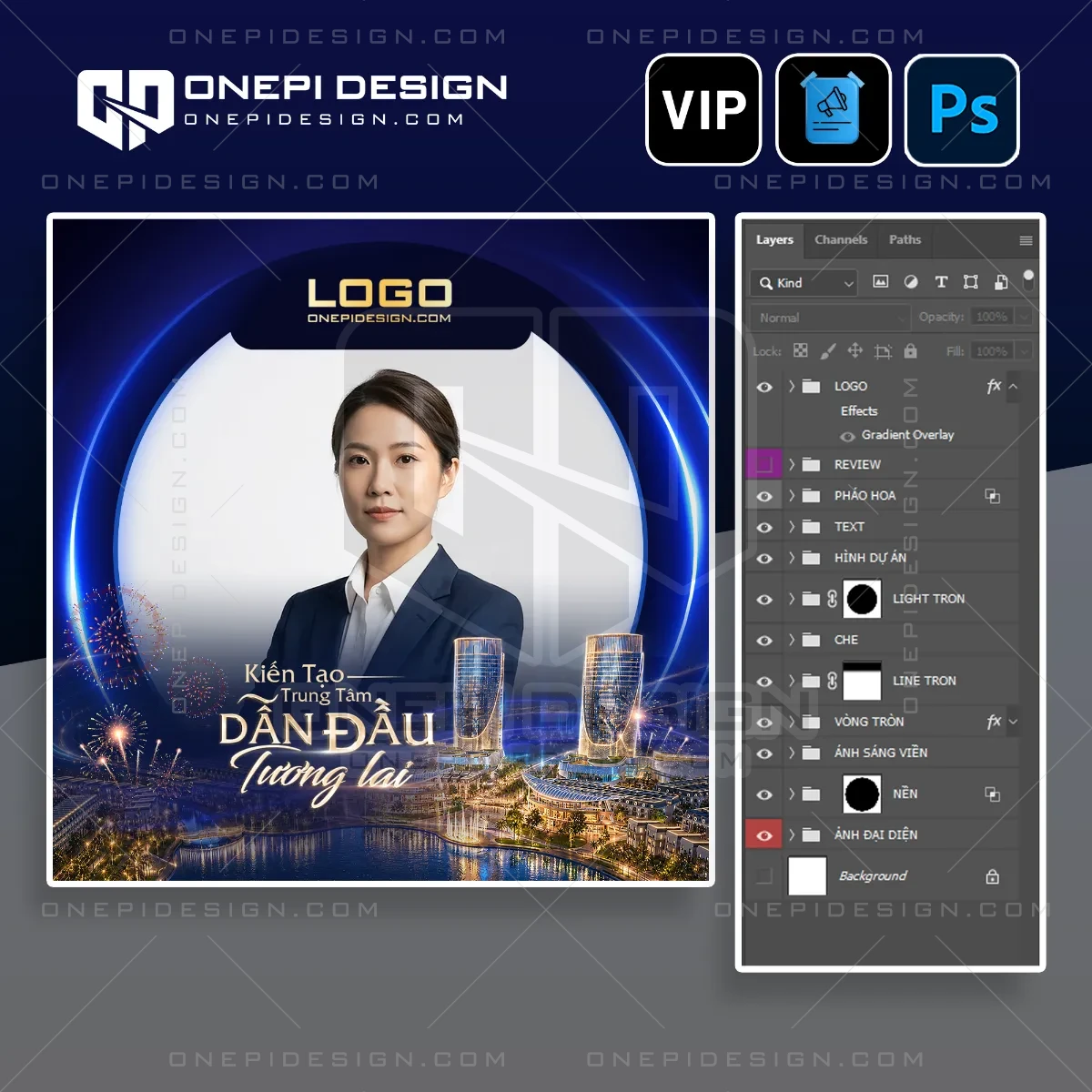 Giao diện làm việc của file psd frame avatar mạng xã hội K9V2M với tone màu xanh dương dành cho các chiến dịch bất động sản.