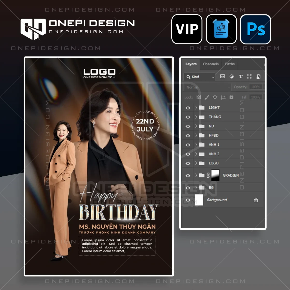 Hình ảnh chi tiết các layer của file psd poster sinh nhật V8X2P tone nâu cao cấp.