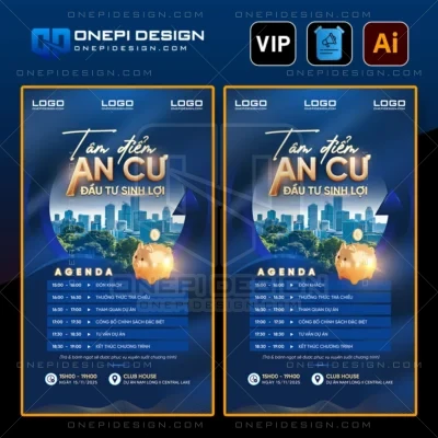 Mẫu agenda sự kiện bất động sản T8F2X thiết kế tone xanh dương và chữ 3D gold.