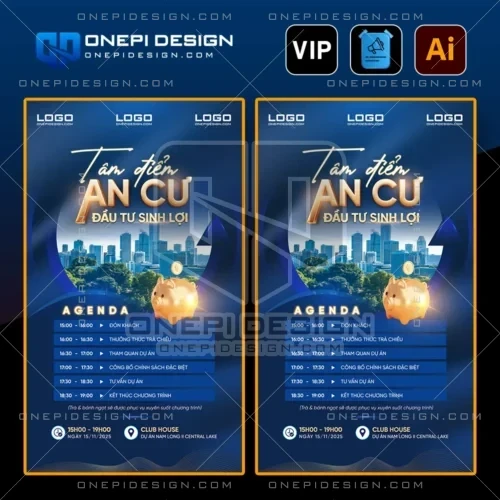 Mẫu agenda sự kiện bất động sản T8F2X thiết kế tone xanh dương và chữ 3D gold.