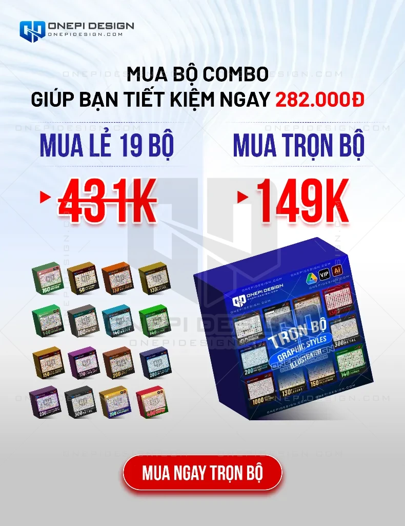 Banner khuyến mãi Combo trọn bộ 19 gói Graphic Styles giá chỉ 149k, giúp tiết kiệm 282.000đ tại Onepi Design.