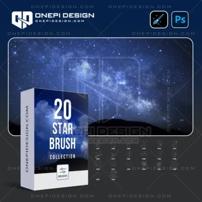 Hình ảnh minh họa hộp sản phẩm 20 bộ Brush Sao K9M4X cho Photoshop với nền dải ngân hà.