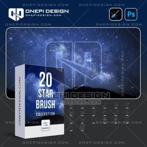 Hình ảnh minh họa hộp sản phẩm 20 bộ Brush Sao K9M4X cho Photoshop với nền dải ngân hà.
