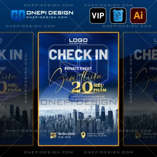 Mẫu file ai checkin sự kiện V8D5K tone xanh dương kết hợp 3D gold.