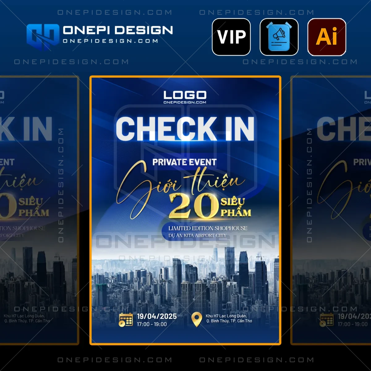 Mẫu file ai checkin sự kiện V8D5K tone xanh dương kết hợp 3D gold.