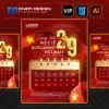 Mẫu file ai thông báo nghỉ lễ X2F9L thiết kế 3D tone đỏ trống đồng tuyệt đẹp.