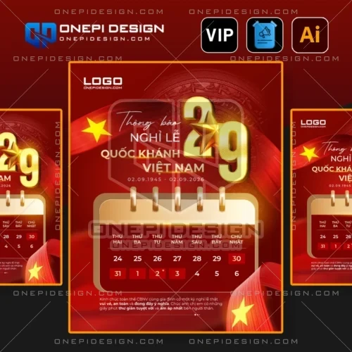 Mẫu file ai thông báo nghỉ lễ X2F9L thiết kế 3D tone đỏ trống đồng tuyệt đẹp.
