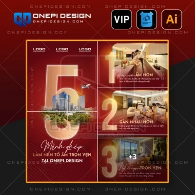 Giao diện chi tiết của Mẫu Post Social Bất Động Sản 5 Ảnh File AI V8N4P với tone màu đỏ vàng sang trọng.