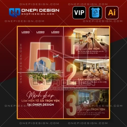 Giao diện chi tiết của Mẫu Post Social Bất Động Sản 5 Ảnh File AI V8N4P với tone màu đỏ vàng sang trọng.