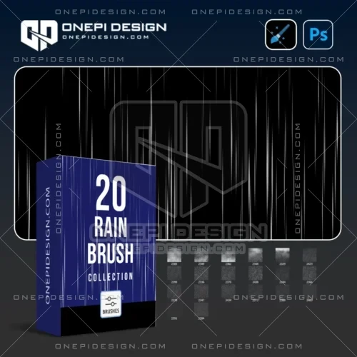 Hình ảnh minh họa 20 mẫu cọ vẽ hiệu ứng mưa chân thực từ bộ sản phẩm Rain Brush K9R2X dành cho Photoshop.
