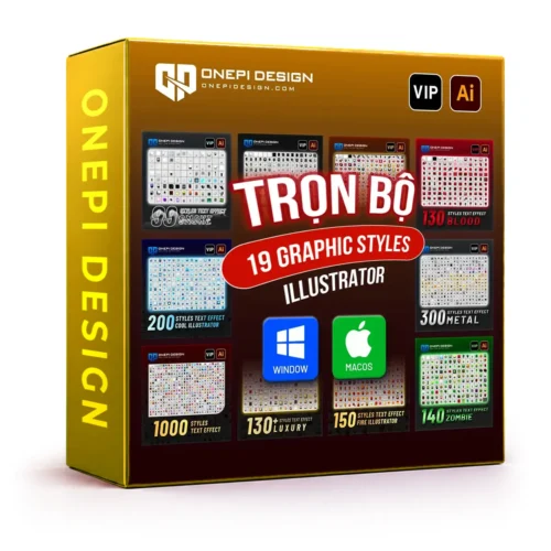 Trọn bộ 19 Graphic Styles Illustrator VIP - Hiệu ứng chữ AI đa dạng (Metal, Fire, Luxury) - ONEPI Design
