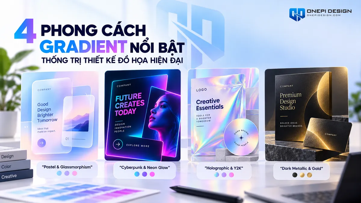 4 phong cách phối màu Gradient thịnh hành gồm Glassmorphism Cyberpunk Y2K và Dark Metallic