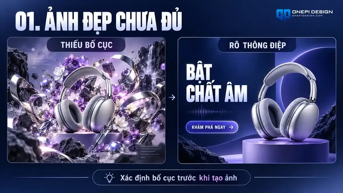 So sánh ảnh AI quá nhiều chi tiết rối mắt với bố cục rõ thông điệp bán hàng