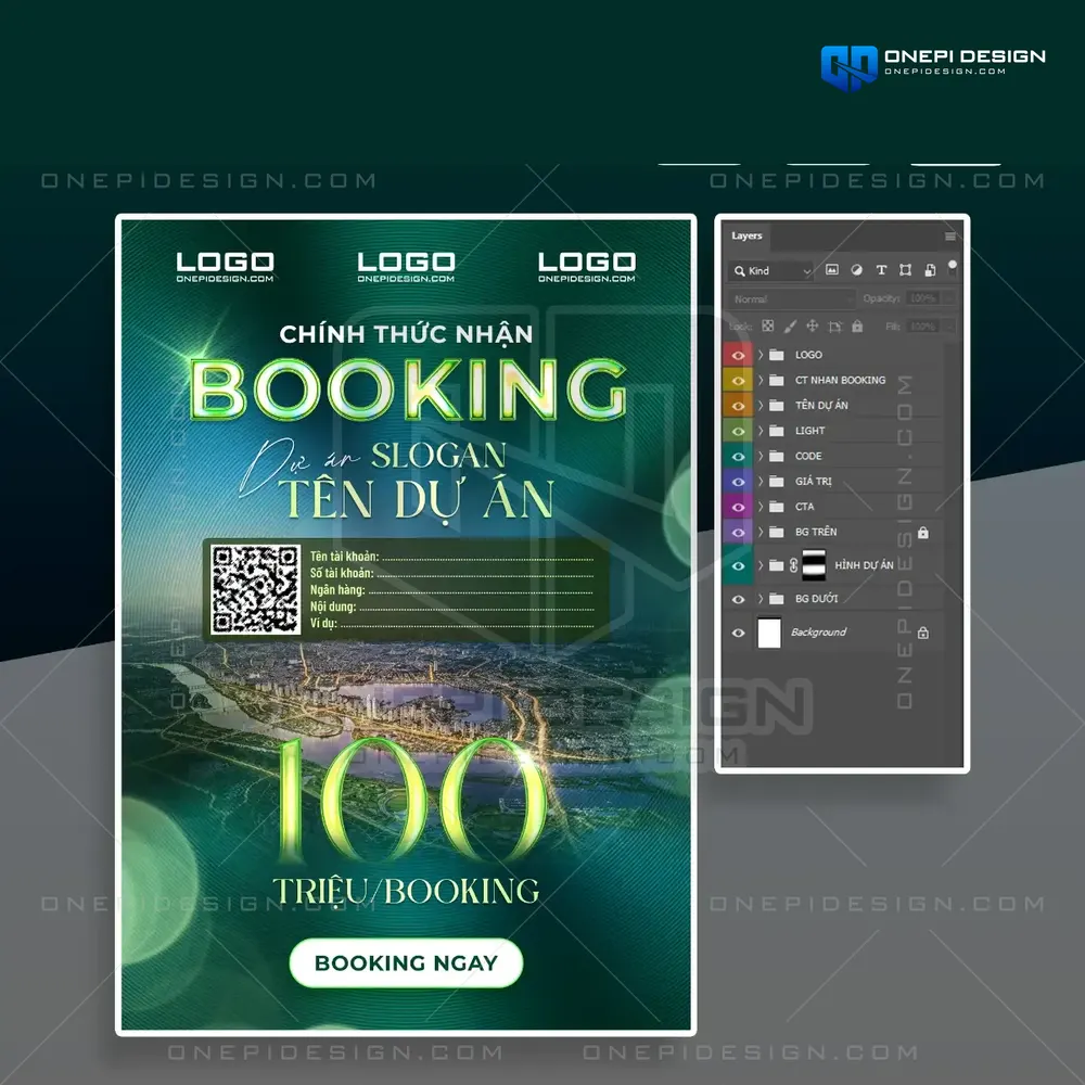 Bố cục chính sách bán hàng và mã VietQR chuyển khoản nhanh trên poster booking bất động sản