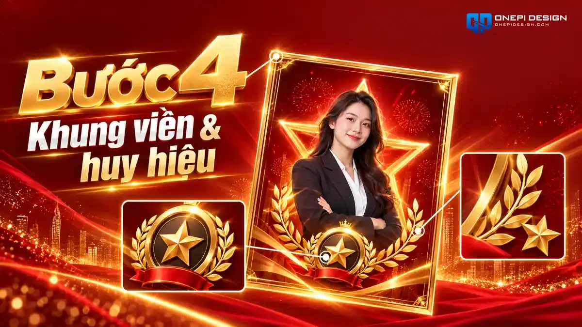 Bố trí khung viền chỉ mảnh huy hiệu ruy băng và vị trí logo trang trọng trên poster vinh danh