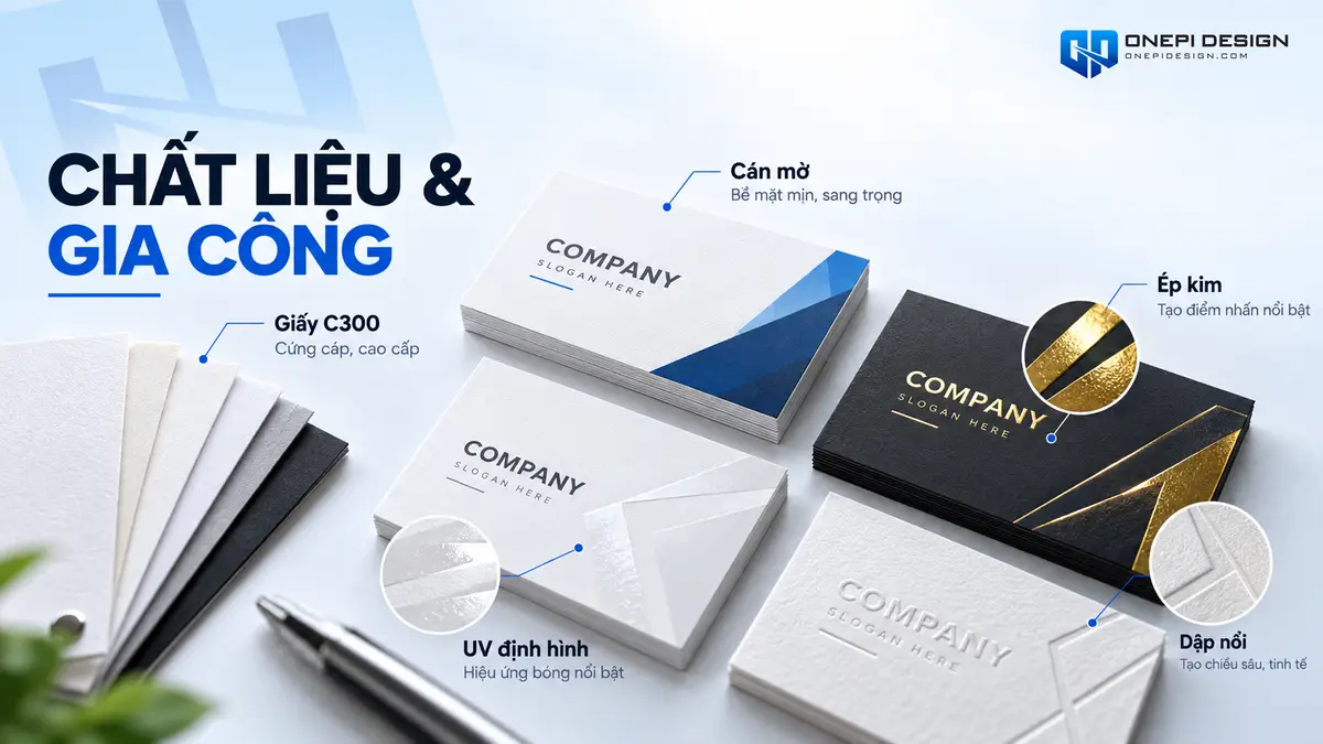 Mẫu name card giấy Couche 300gsm cán màng mờ kết hợp ép kim logo vàng sang trọng