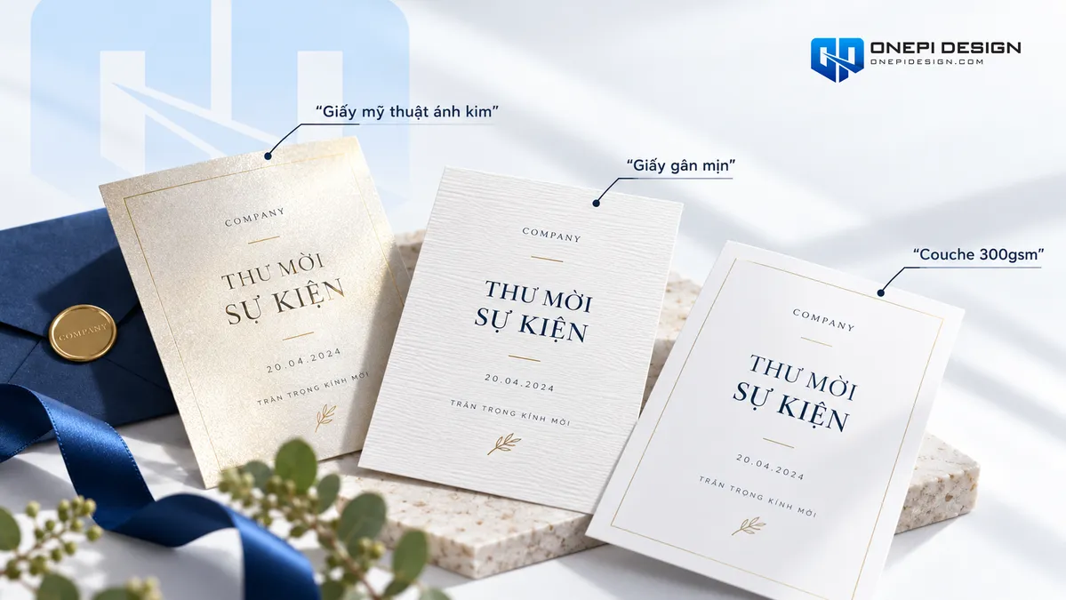So sánh chất liệu giấy mỹ thuật ánh kim giấy gân mịn và giấy Couche 300gsm in thiệp mời sự kiện