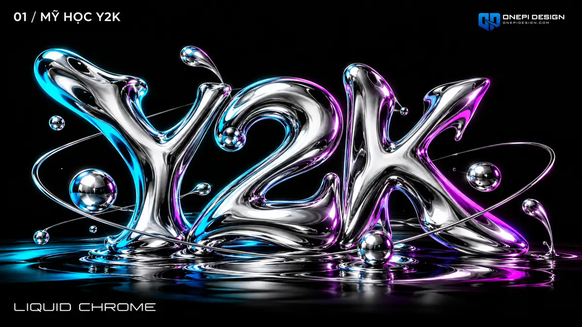 Concept poster phong cách Y2K Acid Graphics với tiêu đề chữ kim loại lỏng 3D chrome bạc sáng bóng