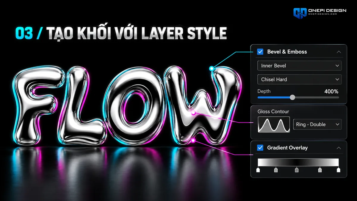 Bảng thông số Layer Style Bevel & Emboss và Gradient Chrome tạo khối 3D kim loại lỏng chân thực
