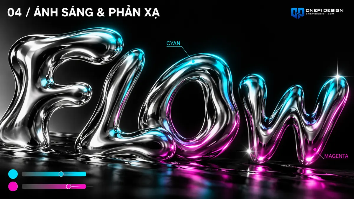 Chi tiết chữ kim loại lỏng sau khi gắn tia sáng 4 cánh lấp lánh và phản chiếu đa sắc rực rỡ