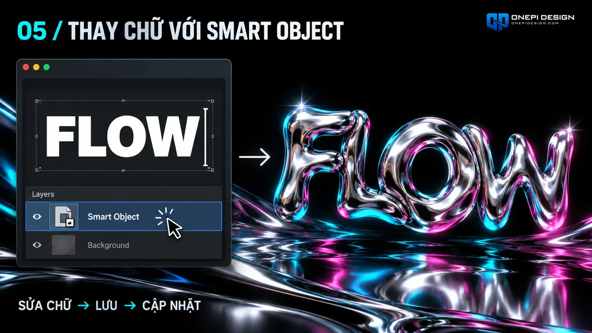 Thao tác 1 click thay chữ trong file Text Effect Photoshop Smart Object OnePi Design ra thành phẩm ngay lập tức