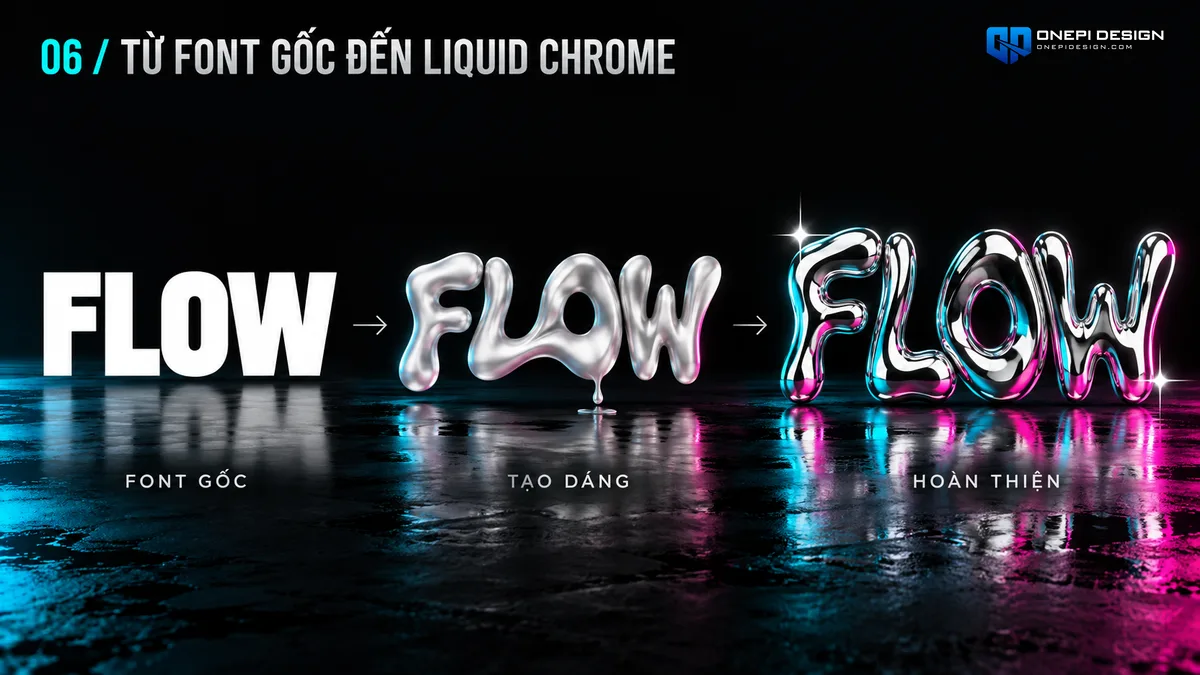 Toàn cảnh quy trình từ font chữ gốc đến tạo dáng Liquify và hoàn thiện chữ kim loại lỏng 3D rực rỡ