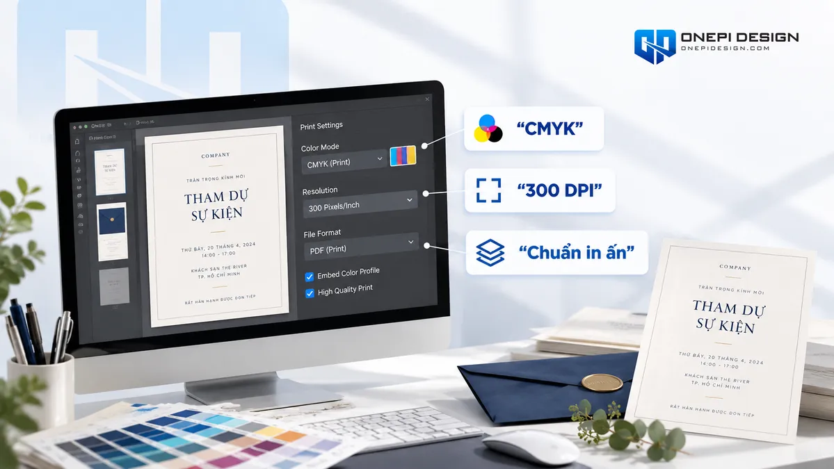 Hệ màu CMYK độ phân giải 300 DPI và định dạng PDF chuẩn in ấn cho thiệp mời sự kiện không bị sai màu