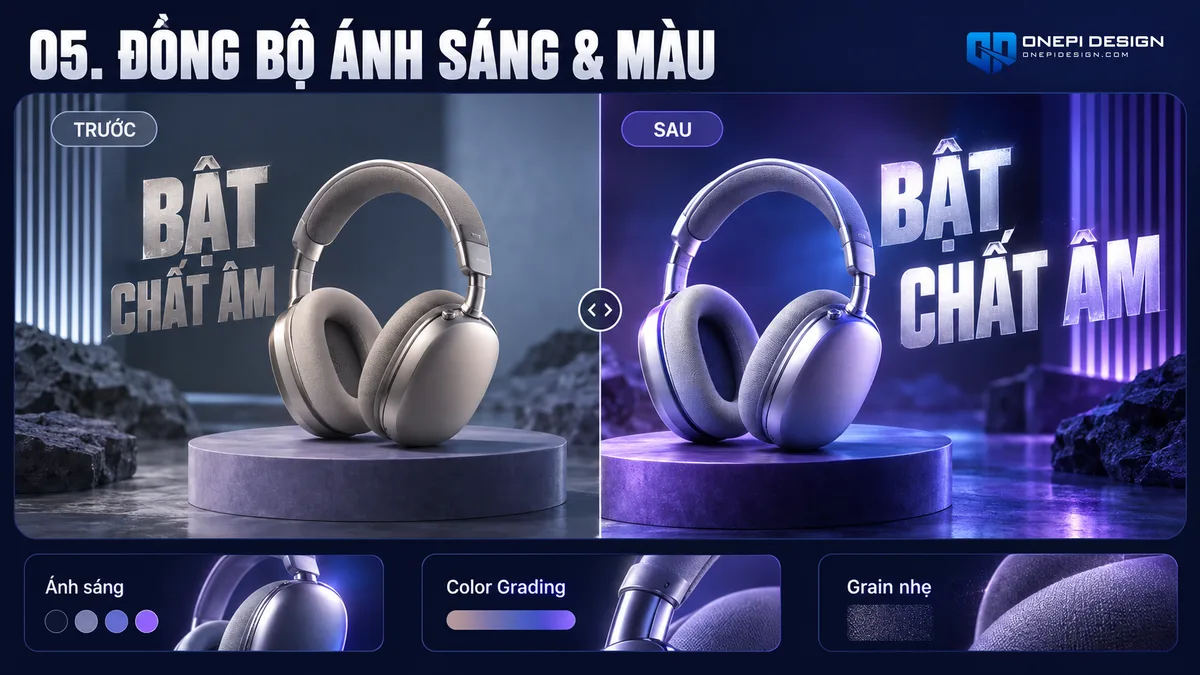 So sánh trước và sau khi phủ lớp overlay ánh sáng và cân chỉnh màu sắc Color Grading cho ấn phẩm AI