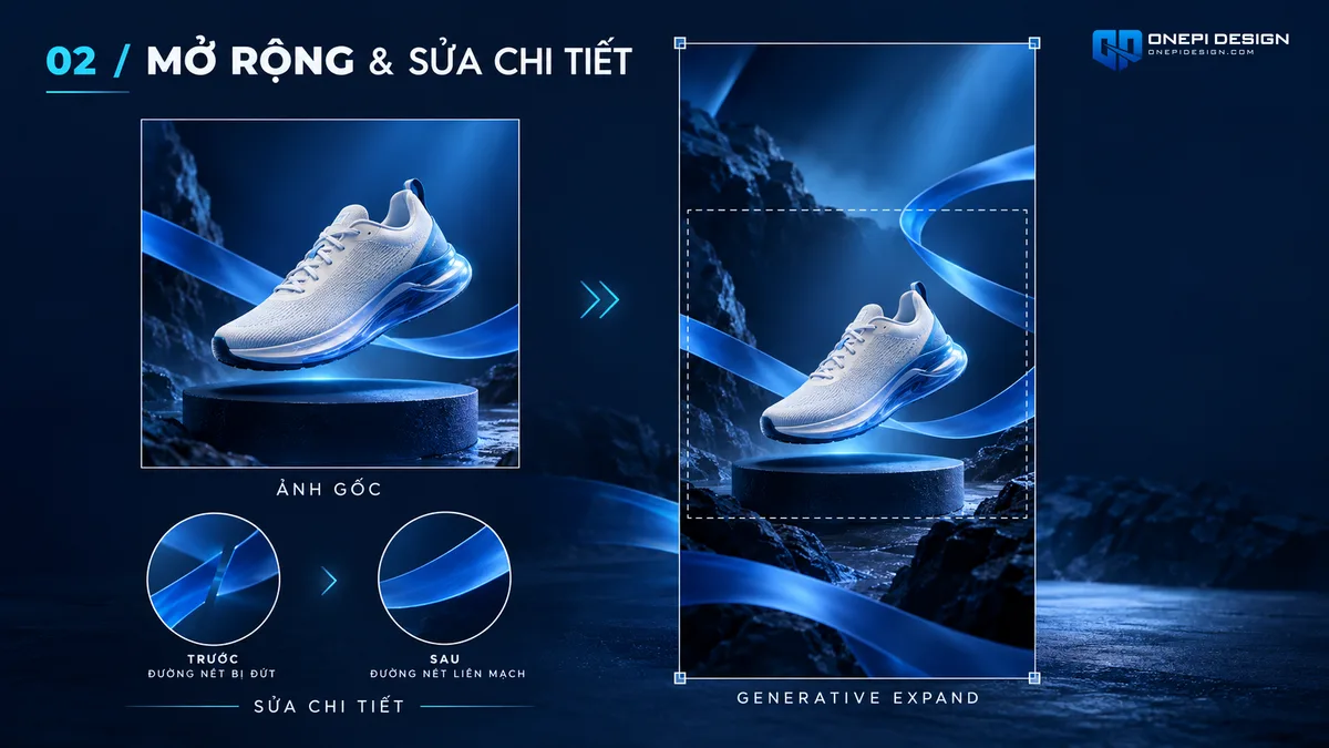 Thao tác dùng Generative Fill mở rộng khung canvas dọc từ ảnh vuông gốc và hoàn thiện chi tiết giày sneaker