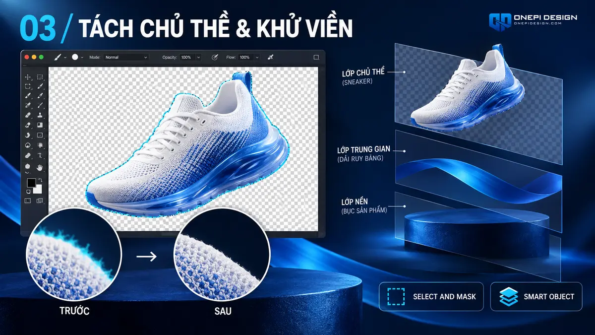 Quy trình Select and Mask tách chủ thể giày khỏi nền AI và khử sạch viền lem bám màu