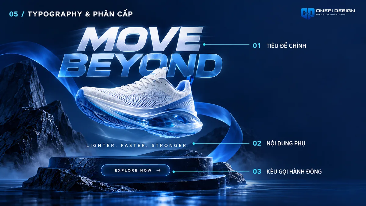 Bố cục phân cấp Typography 3 tầng chuyên nghiệp kết hợp hiệu ứng chữ trên nền poster sneaker