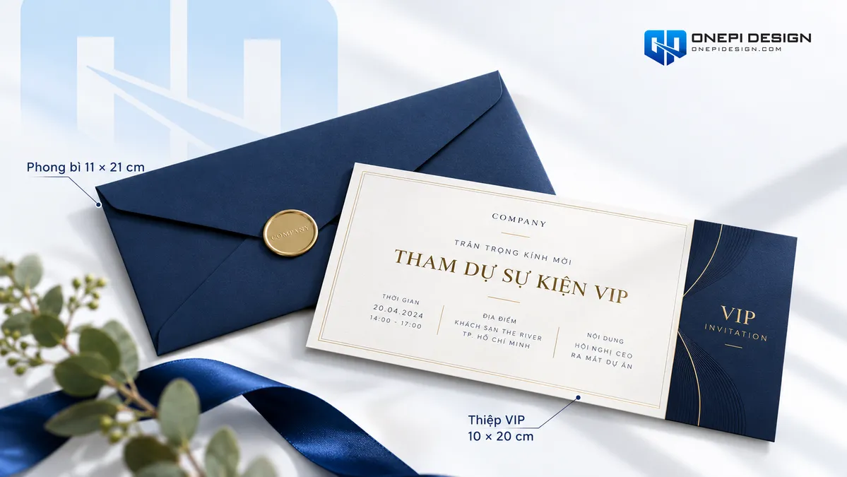 Kích thước thiệp mời sự kiện 10x20 cm chuẩn VIP hội nghị khách hàng đi kèm phong bì 11x21 cm có xi niêm phong