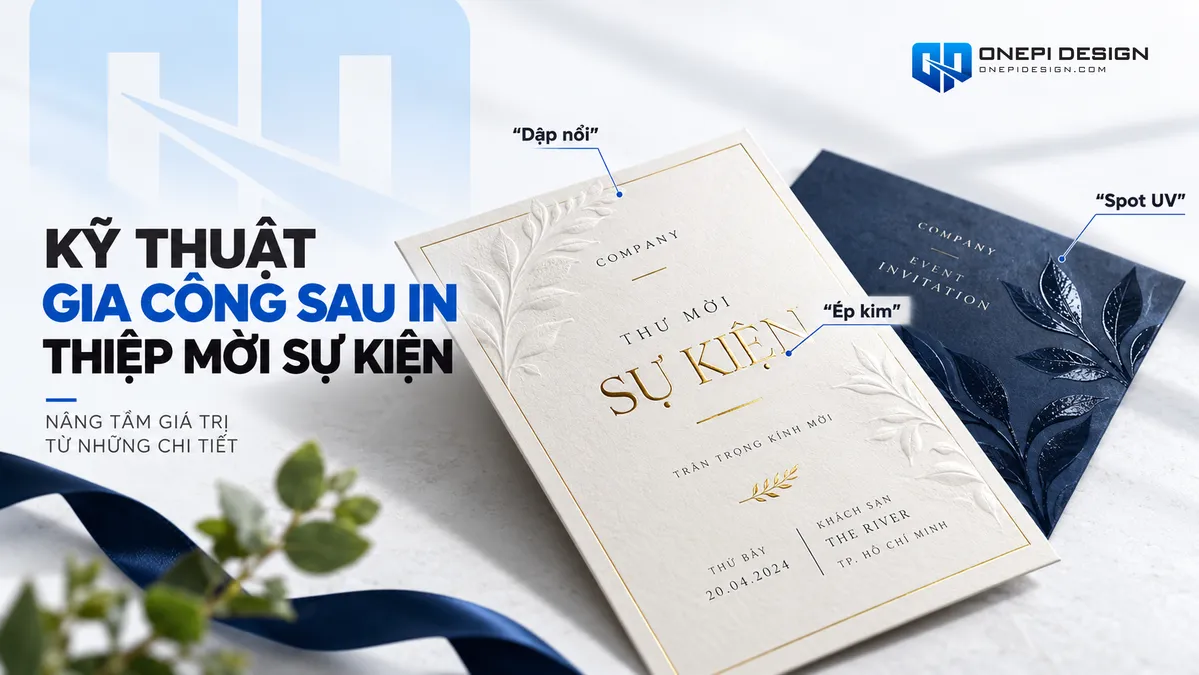 Kỹ thuật gia công sau in dập nổi ép kim foil vàng và phủ UV định hình Spot UV trên thiệp mời sự kiện cao cấp