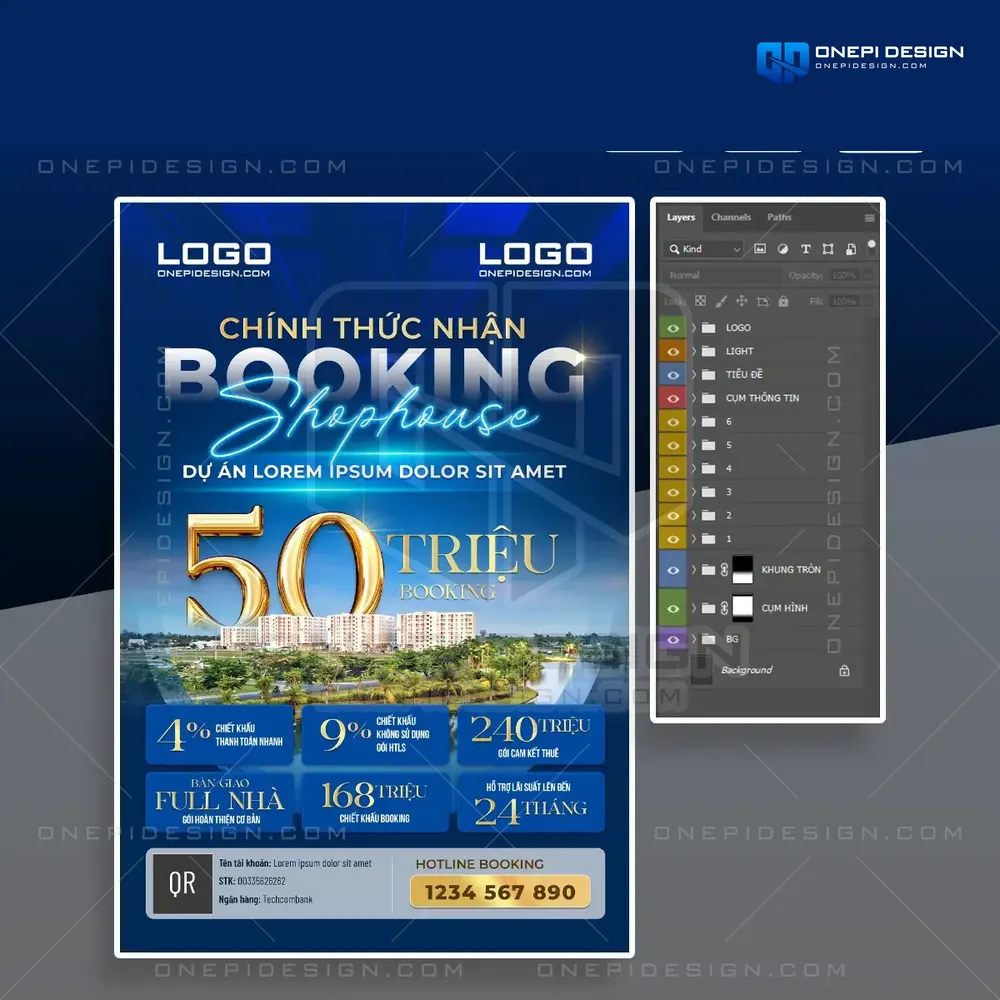 Mẫu file PSD poster booking bất động sản shophouse 50 triệu chuyên nghiệp độc quyền tại OnePi Design