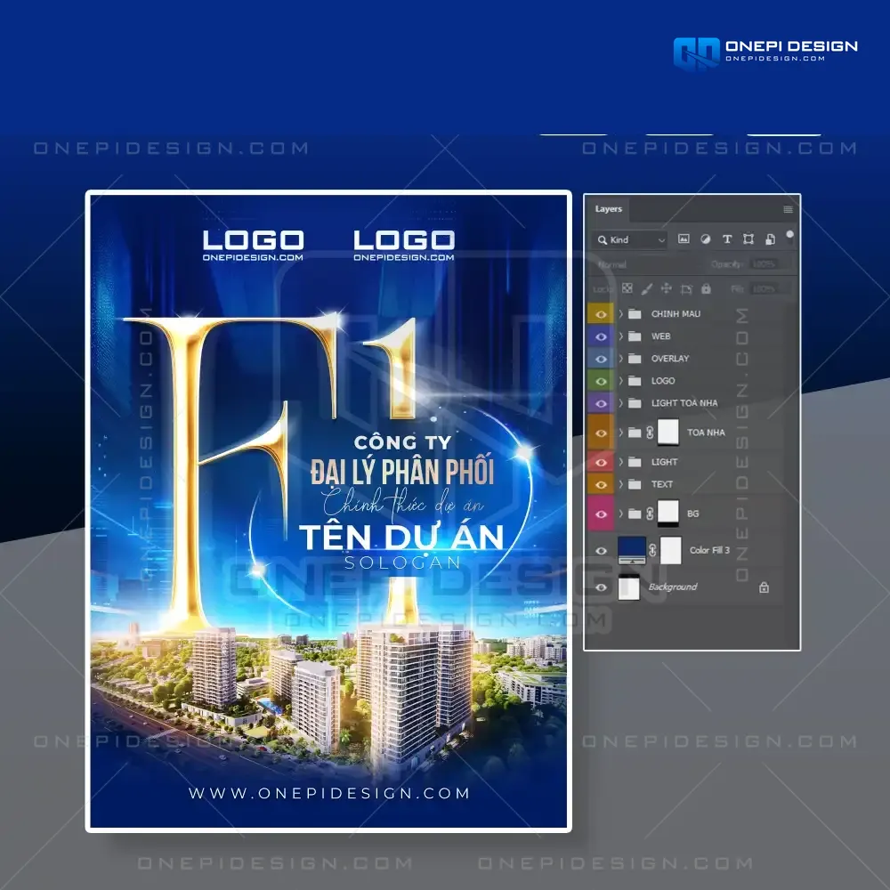 Poster chứng nhận đại lý F1 phân phối dự án bất động sản cao cấp tone xanh royal luxury