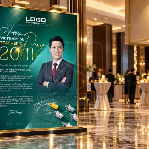 Phối cảnh poster 20/11 tri ân Người Dẫn Đường PSD T9K2X đóng khung mạ vàng tại sảnh sự kiện doanh nghiệp sang trọng