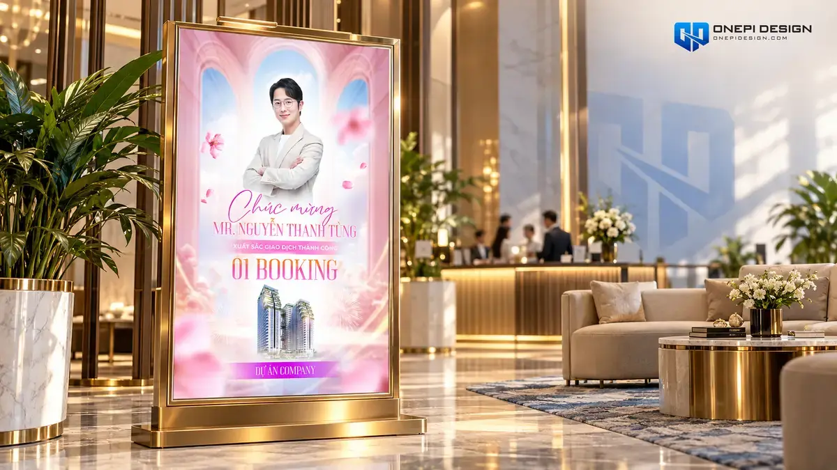 Phối cảnh poster vinh danh bất động sản booking B9T4Q đóng khung kim loại ánh vàng sang trọng đặt tại sảnh tiếp tân trung tâm giao dịch cao cấp