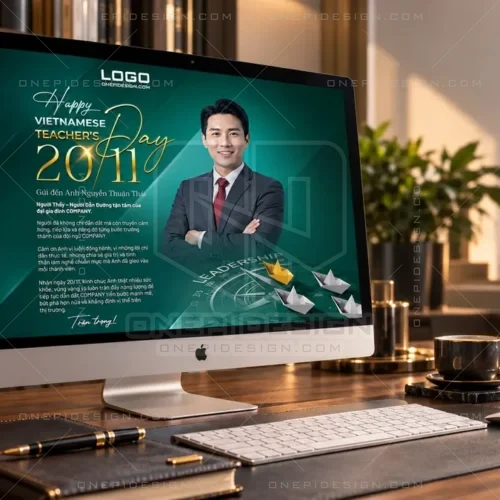 Mẫu poster 20/11 tri ân Người Dẫn Đường hiển thị sắc nét trên màn hình iMac tại bàn làm việc giám đốc