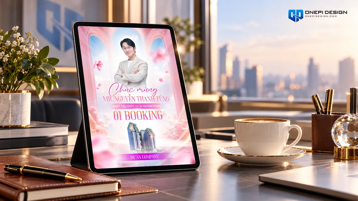 Ấn phẩm poster vinh danh bất động sản booking B9T4Q hiển thị sắc nét trên iPad Pro tại bàn làm việc hiện đại bên tách cà phê và sổ tay bìa da