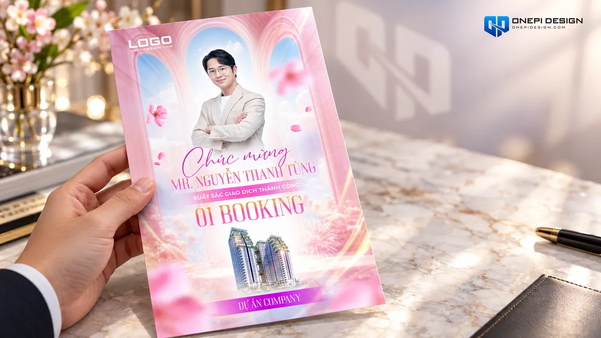 Bản in poster vinh danh bất động sản booking B9T4Q chất liệu giấy mỹ thuật cao cấp cầm trên tay nhân viên kinh doanh trên bàn đá marble sang trọng
