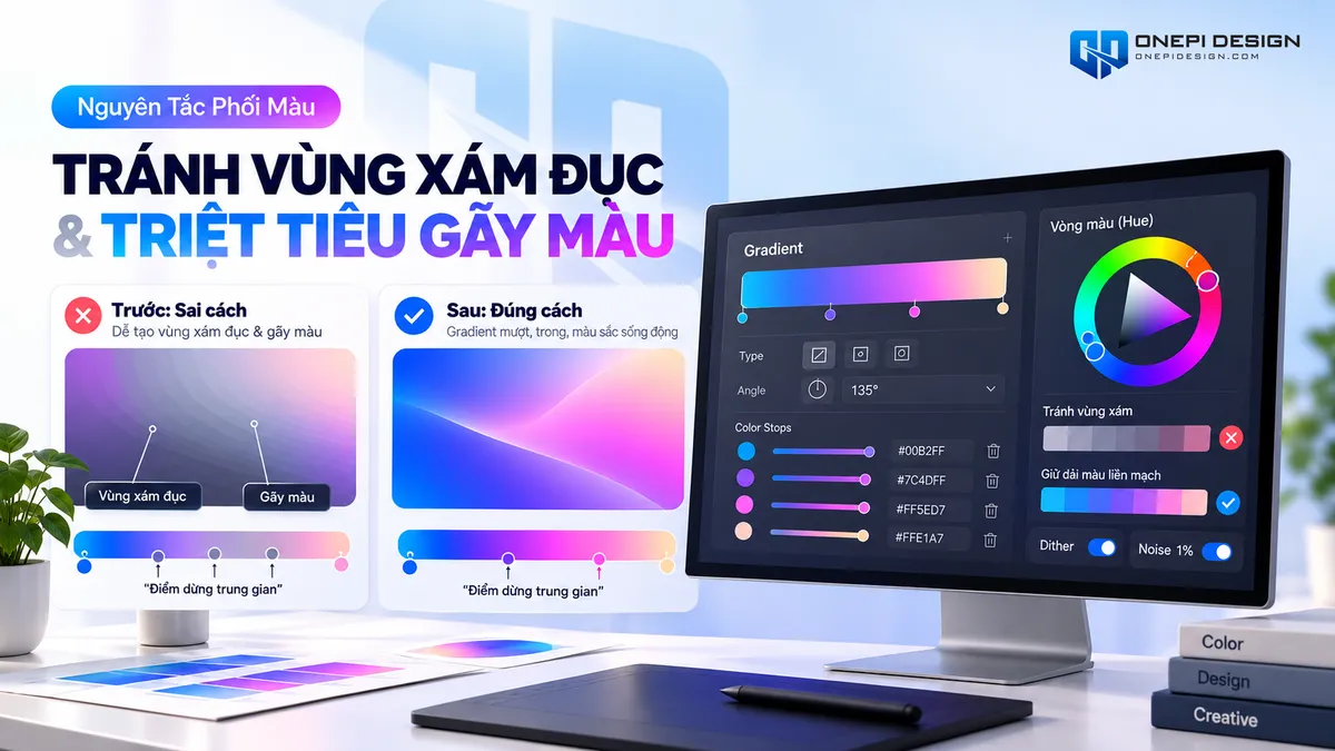 So sánh trước sau khắc phục hiện tượng vùng xám đục và gãy màu khi phối màu chuyển sắc Gradient