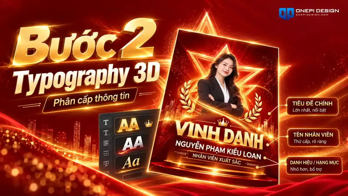 Phân cấp thứ bậc thông tin và hiệu ứng chữ 3D kim loại vàng Gold trên poster vinh danh