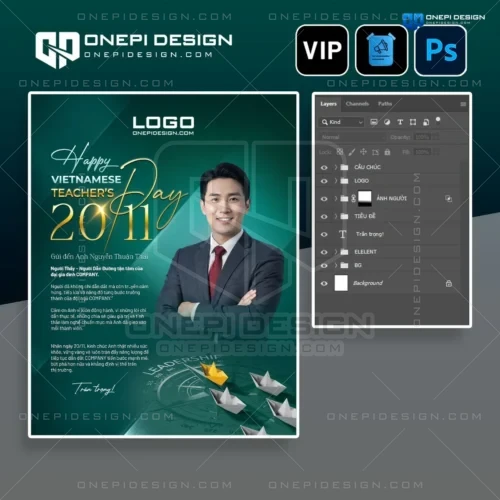 Mẫu poster 20/11 tri ân Người Dẫn Đường PSD T9K2X tone xanh ngọc lục bảo sang trọng