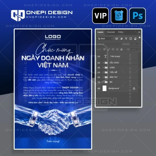 Mẫu poster Ngày Doanh nhân Việt Nam PSD D9M4X thiết kế 3D bàn tay pha lê sang trọng