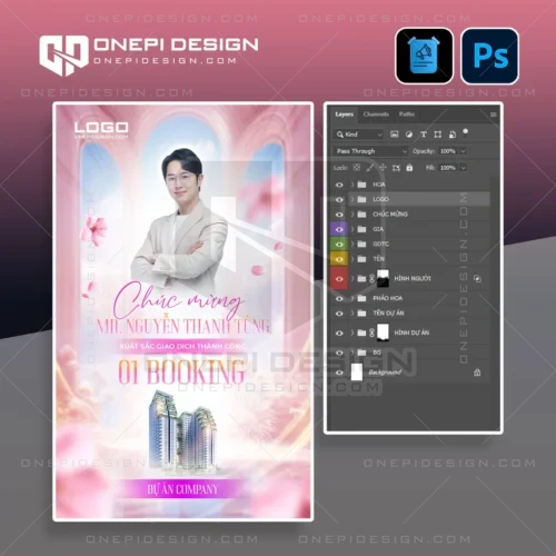 Poster Vinh Danh Bất Động Sản Booking B9T4Q PSD Tone Hồng Pastel Sang Trọng