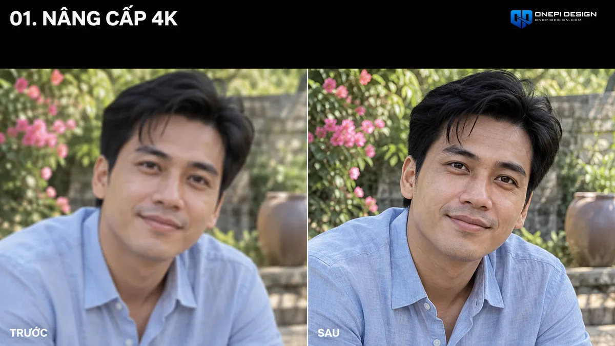 So sánh ảnh trước và sau khi dùng prompt chỉnh ảnh AI nâng cấp độ phân giải 4K siêu nét giữ nguyên nhận dạng gốc