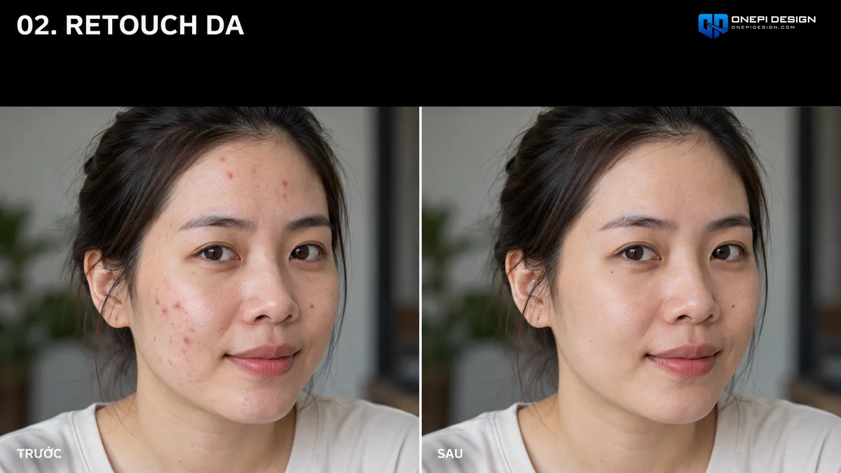 So sánh ảnh trước và sau khi retouch da bằng prompt chỉnh ảnh AI giữ nguyên vân da tự nhiên