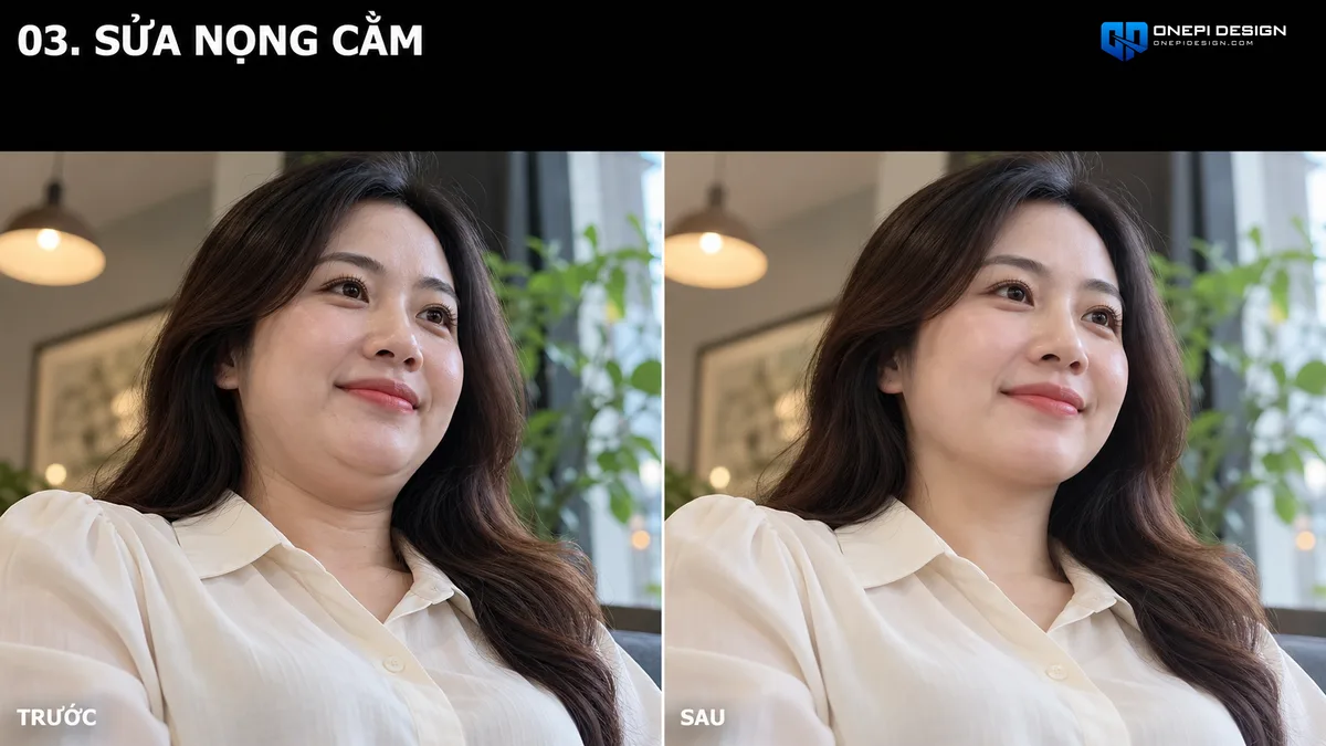 So sánh góc chụp thấp làm lộ nọng cằm và sau khi dùng prompt AI chỉnh góc ngang tầm mắt đường viền hàm thon gọn