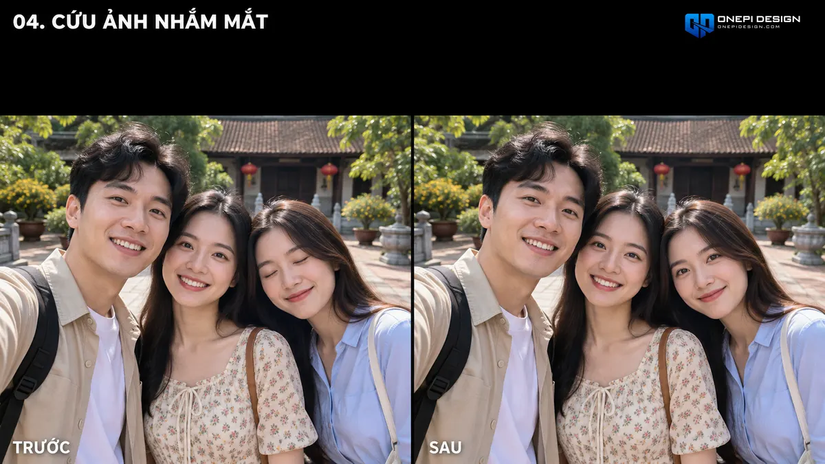 So sánh ảnh chụp nhóm có người bị chớp mắt và sau khi dùng prompt AI mở mắt tự nhiên