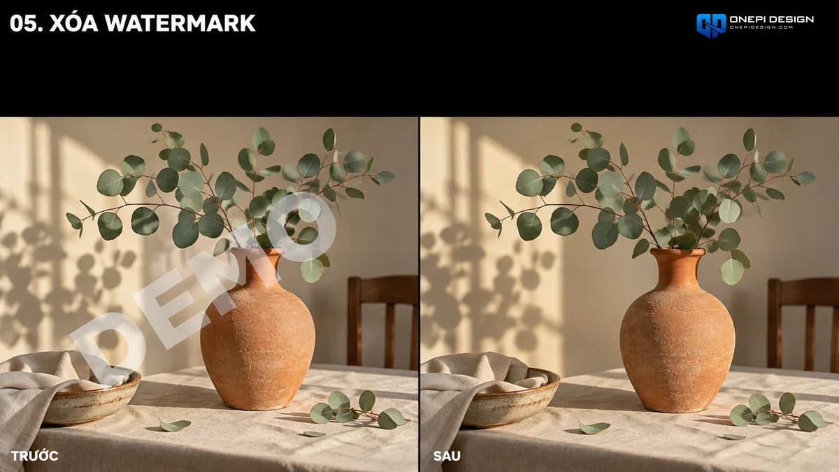 So sánh ảnh bị dính watermark chữ chìm và sau khi dùng prompt AI Inpainting xóa sạch trơn